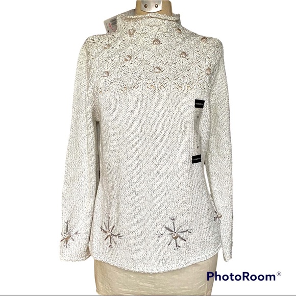 Sweater with silk embroidery size medium. Cream color with taupe embroidery. - Picture 1 of 5